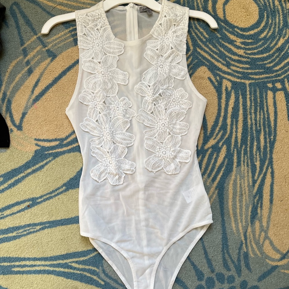 Sheer white bodysuit from with lace flowers WORN ONCE